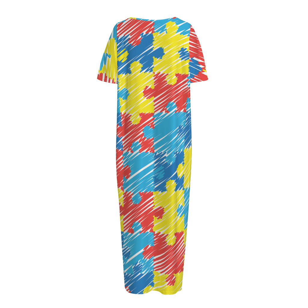 Autism Awareness Drawing Puzzle Print Short Sleeve Long Nightdress