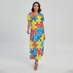 Autism Awareness Drawing Puzzle Print Short Sleeve Maxi Dress