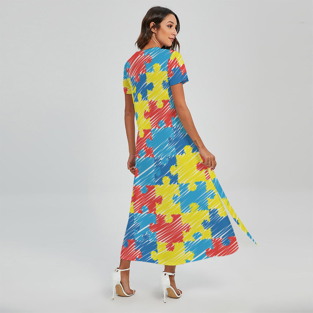 Autism Awareness Drawing Puzzle Print Short Sleeve Maxi Dress