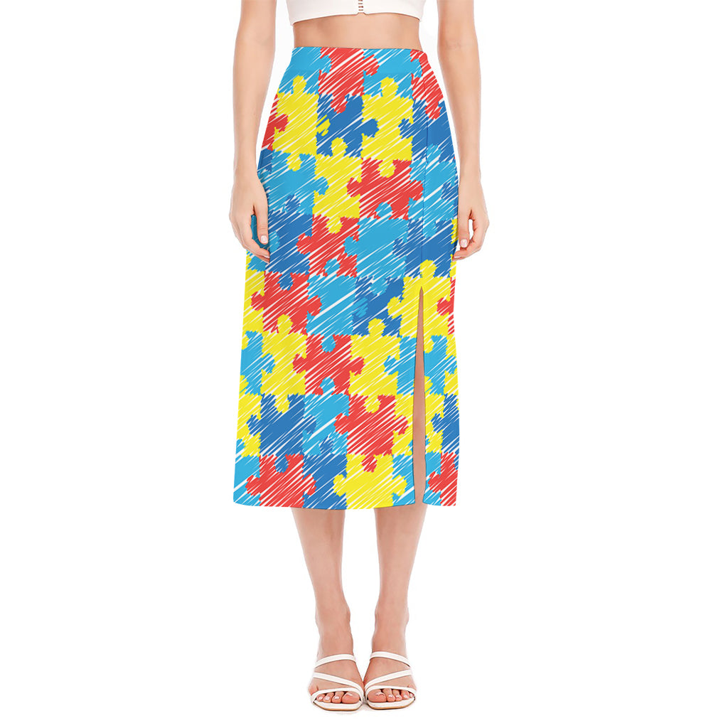 Autism Awareness Drawing Puzzle Print Side Slit Midi Skirt