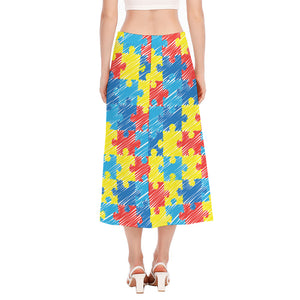 Autism Awareness Drawing Puzzle Print Side Slit Midi Skirt