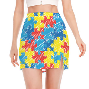 Autism Awareness Drawing Puzzle Print Side Slit Mini Skirt