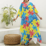 Autism Awareness Drawing Puzzle Print Silk V-Neck Kaftan Dress