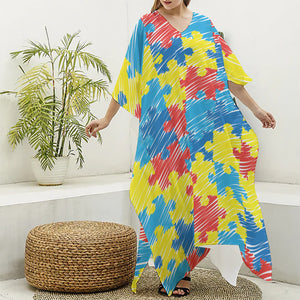 Autism Awareness Drawing Puzzle Print Silk V-Neck Kaftan Dress