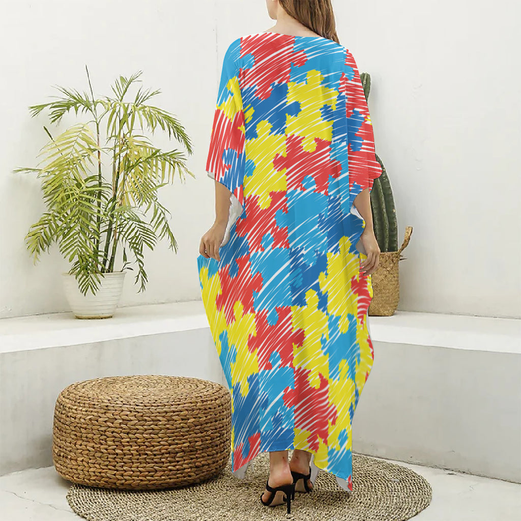 Autism Awareness Drawing Puzzle Print Silk V-Neck Kaftan Dress