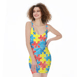 Autism Awareness Drawing Puzzle Print Sleeveless Bodycon Dress