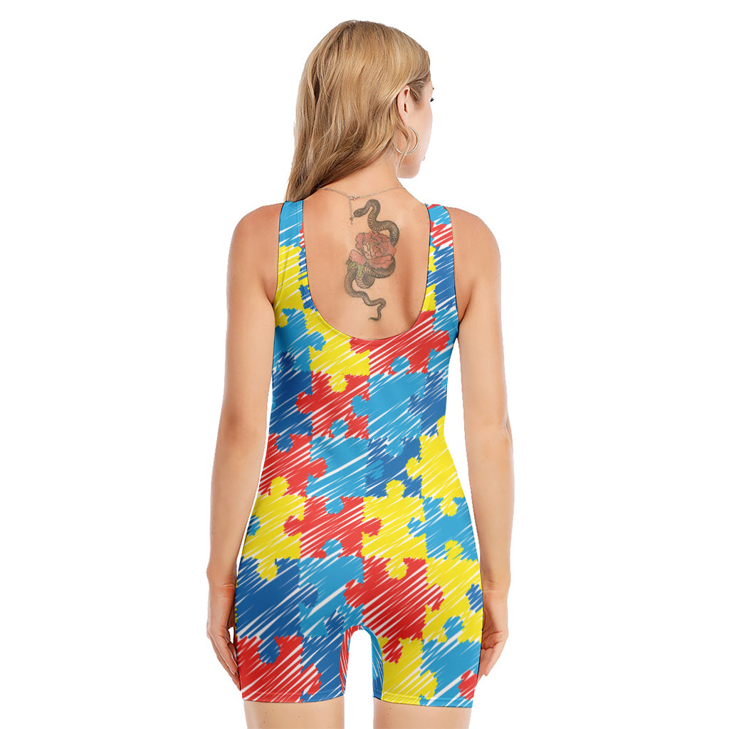 Autism Awareness Drawing Puzzle Print Sleeveless One Piece Swimsuit