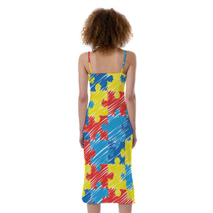 Autism Awareness Drawing Puzzle Print Slim Fit Midi Cami Dress