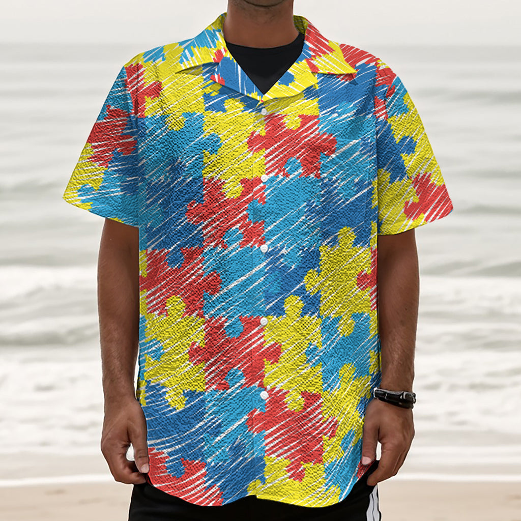 Autism Awareness Drawing Puzzle Print Textured Short Sleeve Shirt