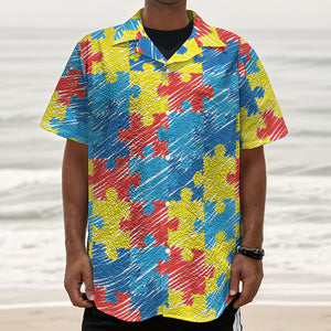 Autism Awareness Drawing Puzzle Print Textured Short Sleeve Shirt