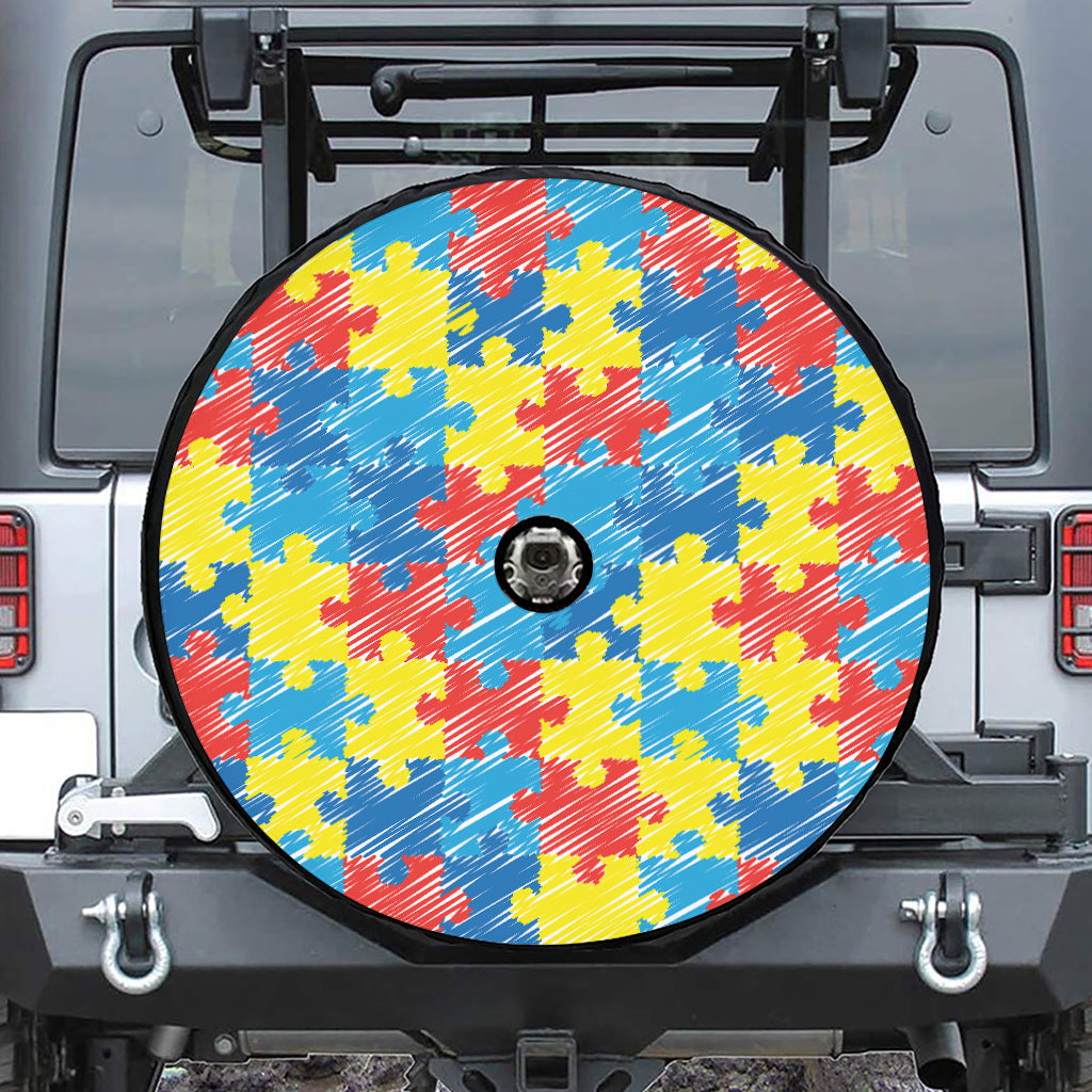 Autism Awareness Drawing Puzzle Print Tire Cover With Camera Hole