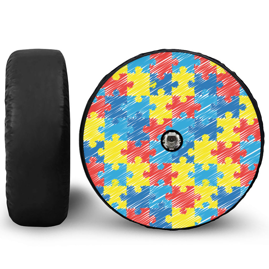Autism Awareness Drawing Puzzle Print Tire Cover With Camera Hole