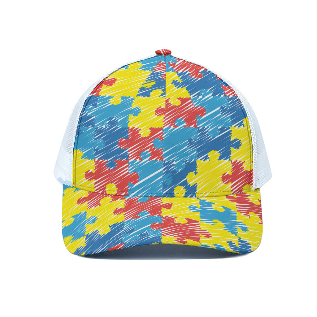 Autism Awareness Drawing Puzzle Print White Mesh Trucker Cap