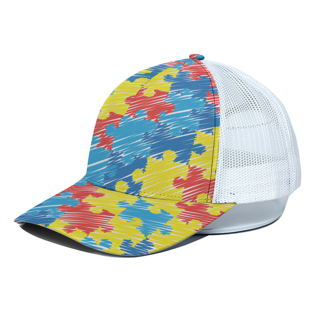 Autism Awareness Drawing Puzzle Print White Mesh Trucker Cap