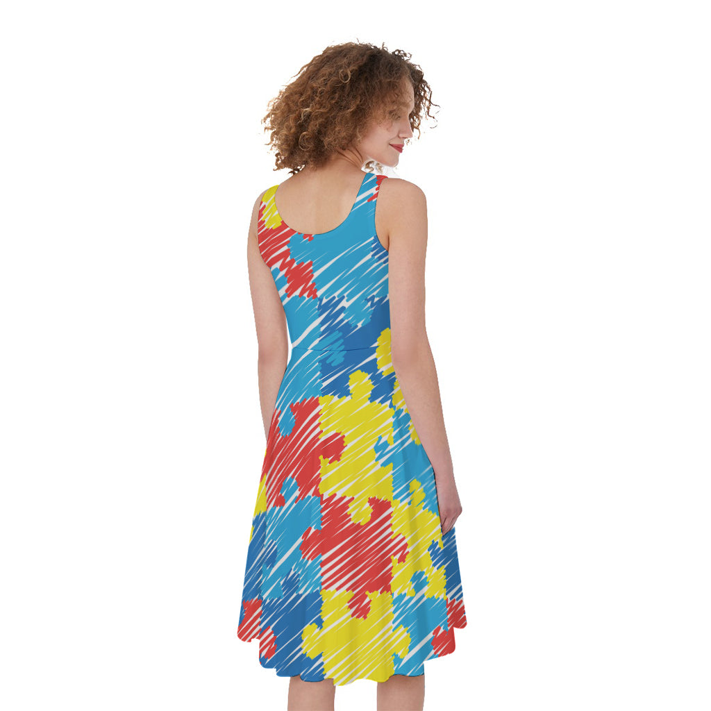 Autism Awareness Drawing Puzzle Print Women's Sleeveless Dress