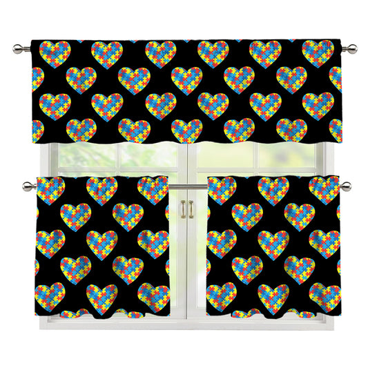 Autism Awareness Heart Pattern Print 3 Piece Kitchen Curtains