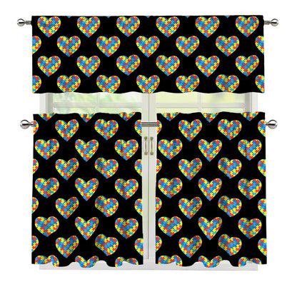 Autism Awareness Heart Pattern Print 3 Piece Kitchen Curtains