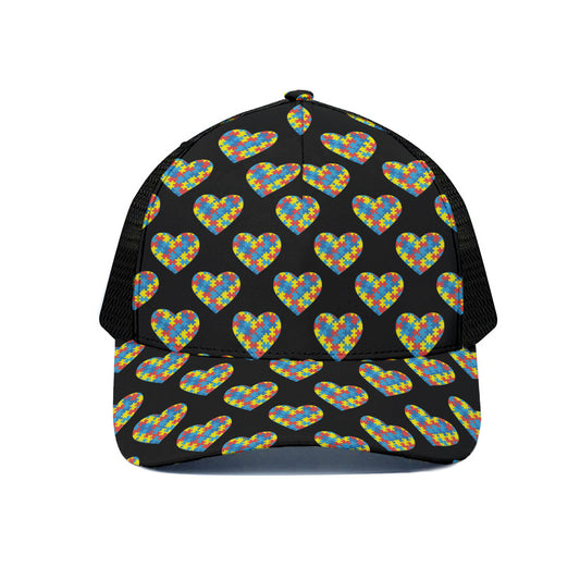 Autism Awareness Heart Pattern Print Black Mesh Trucker Cap