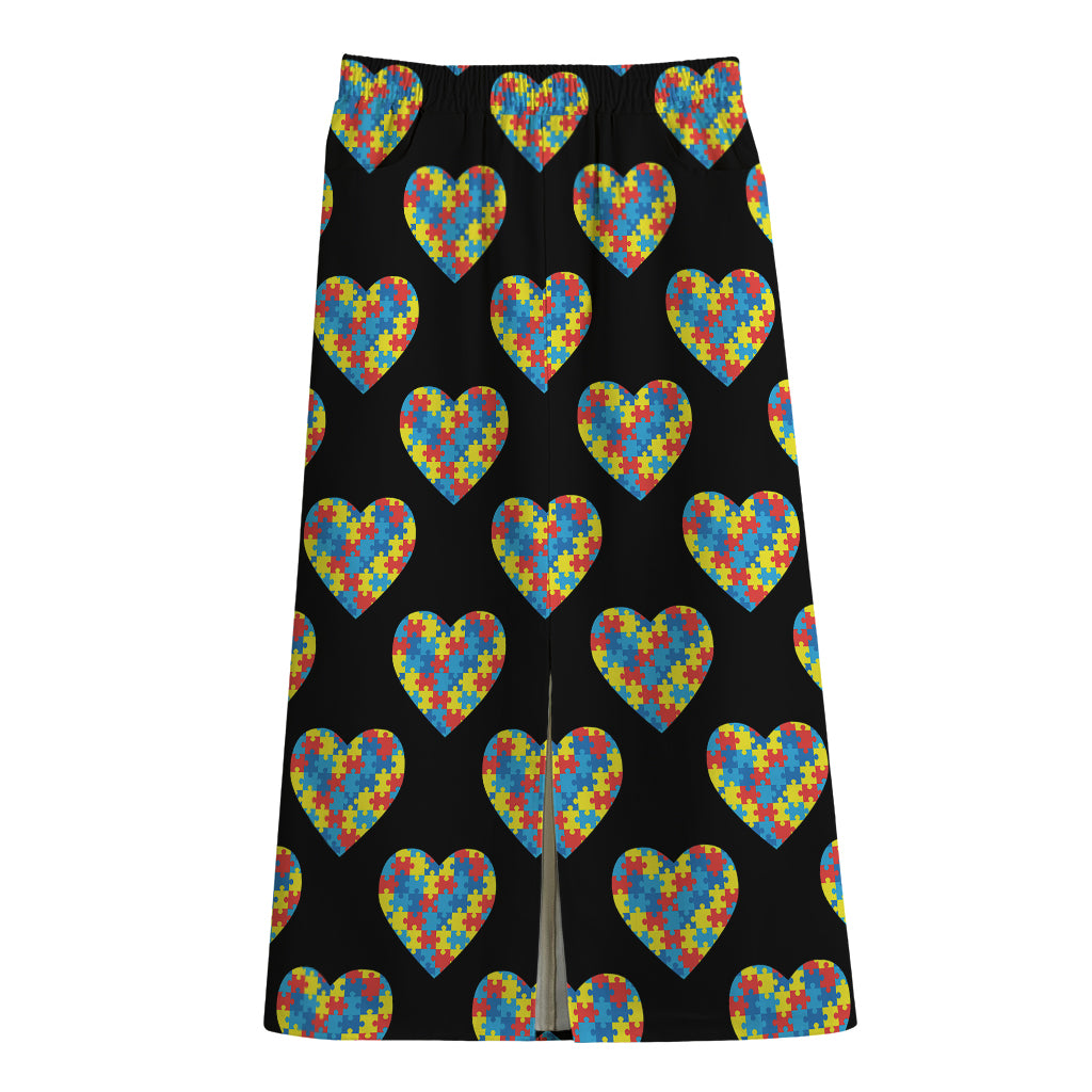 Autism Awareness Heart Pattern Print Cotton Front Slit Maxi Skirt