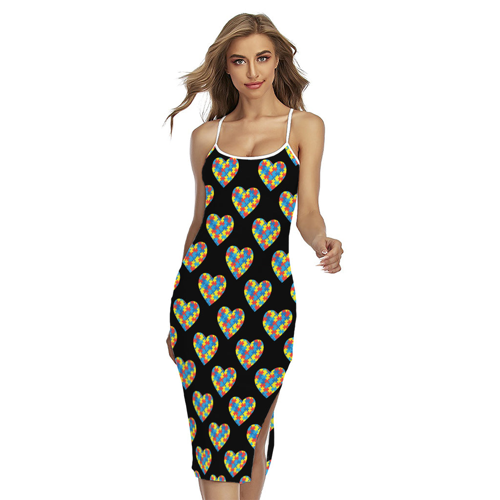 Autism Awareness Heart Pattern Print Cross Back Cami Dress