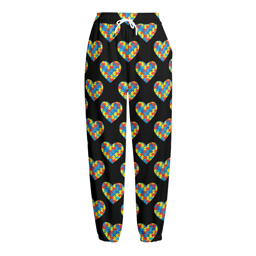 Autism Awareness Heart Pattern Print Fleece Lined Knit Pants