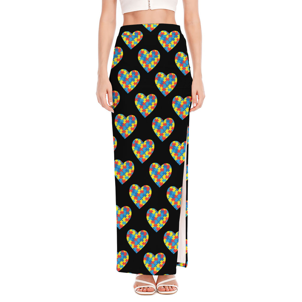 Autism Awareness Heart Pattern Print High Slit Maxi Skirt