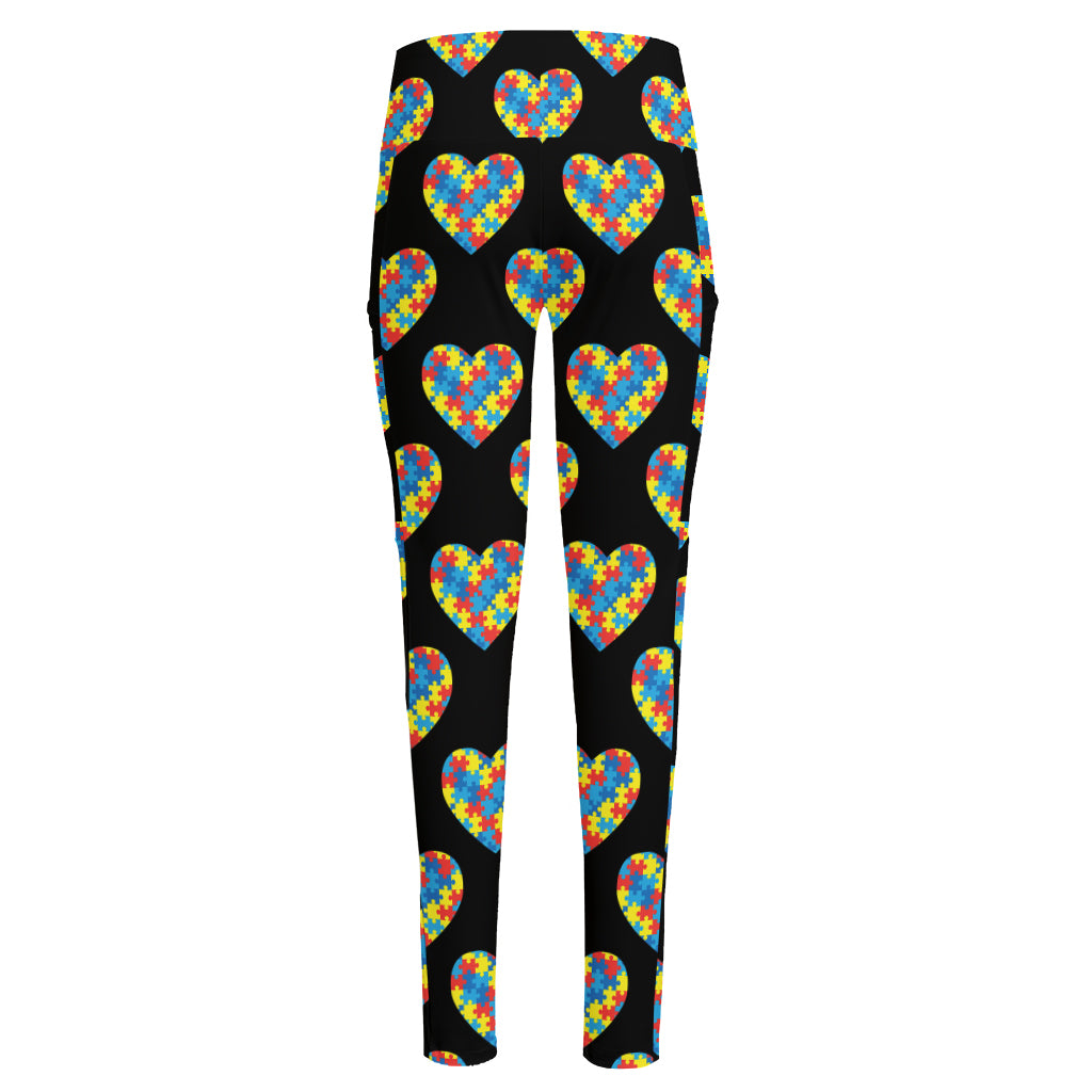 Autism Awareness Heart Pattern Print High-Waisted Pocket Leggings