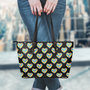 Autism Awareness Heart Pattern Print Leather Tote Bag