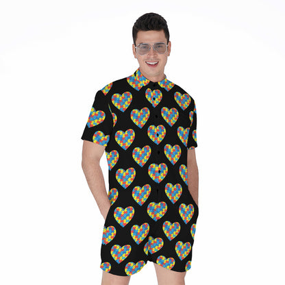 Autism Awareness Heart Pattern Print Men's Rompers
