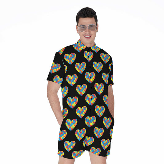 Autism Awareness Heart Pattern Print Men's Rompers
