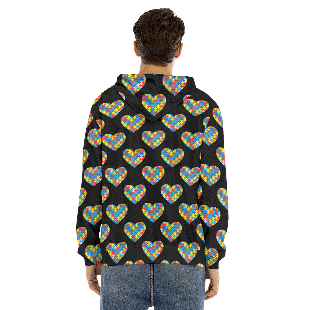 Autism Awareness Heart Pattern Print Men's Velvet Pullover Hoodie