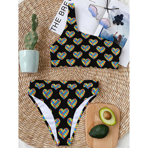 Autism Awareness Heart Pattern Print One Shoulder Bikini Top