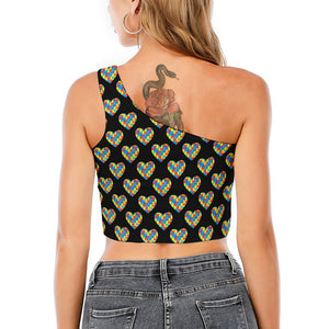 Autism Awareness Heart Pattern Print One Shoulder Crop Top