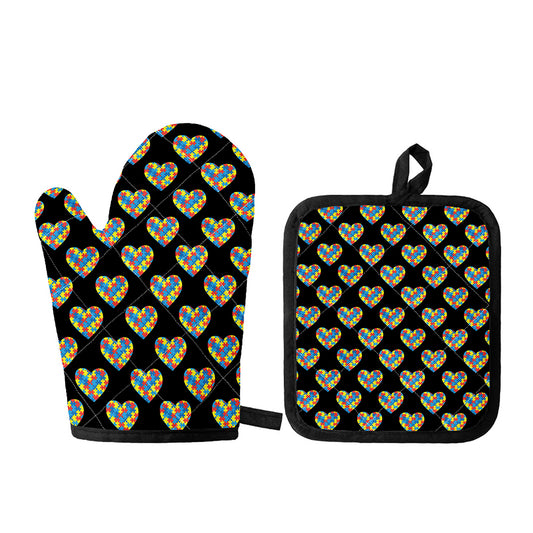 Autism Awareness Heart Pattern Print Oven Mitt And Pot Holder Set