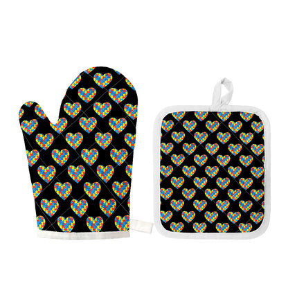 Autism Awareness Heart Pattern Print Oven Mitt And Pot Holder Set