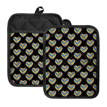 Autism Awareness Heart Pattern Print Pot Holders With Pocket