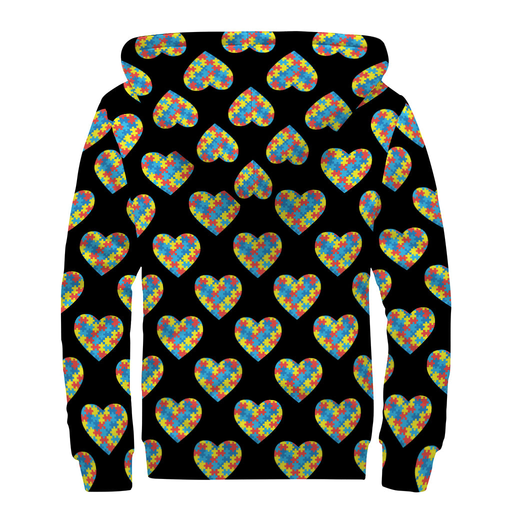 Autism Awareness Heart Pattern Print Sherpa Lined Zip Up Hoodie