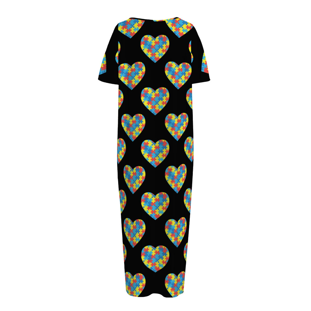 Autism Awareness Heart Pattern Print Short Sleeve Long Nightdress