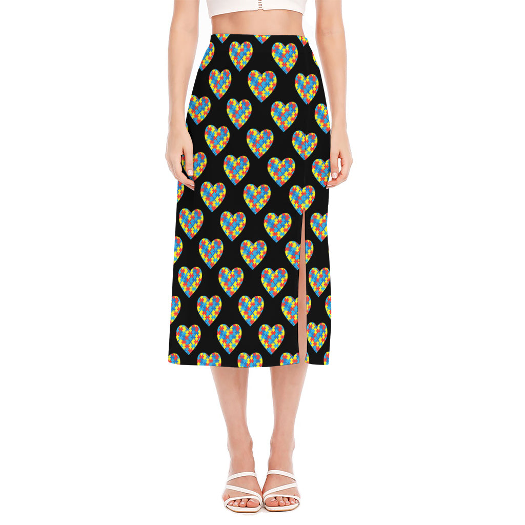 Autism Awareness Heart Pattern Print Side Slit Midi Skirt