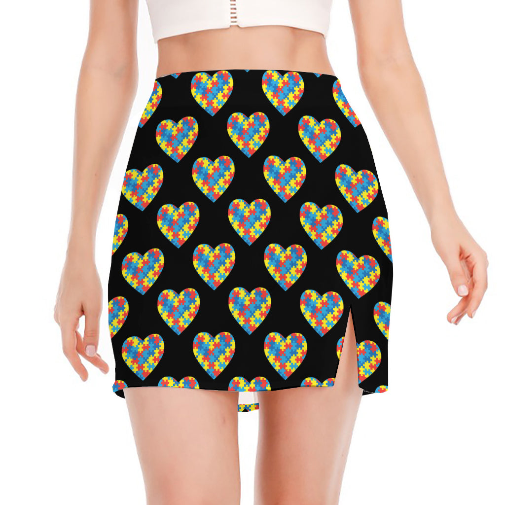 Autism Awareness Heart Pattern Print Side Slit Mini Skirt