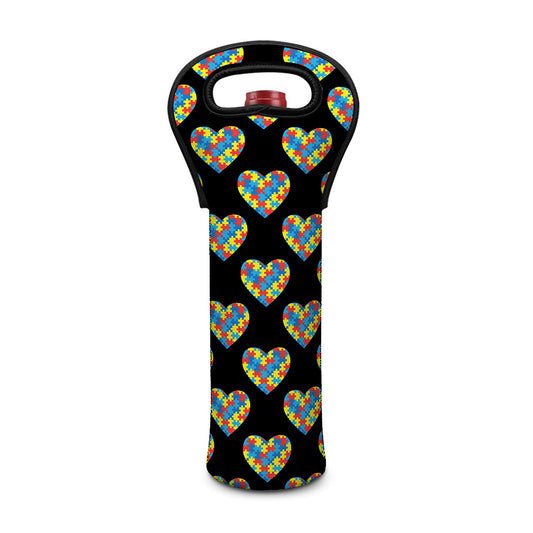 Autism Awareness Heart Pattern Print Single Neoprene Wine Tote