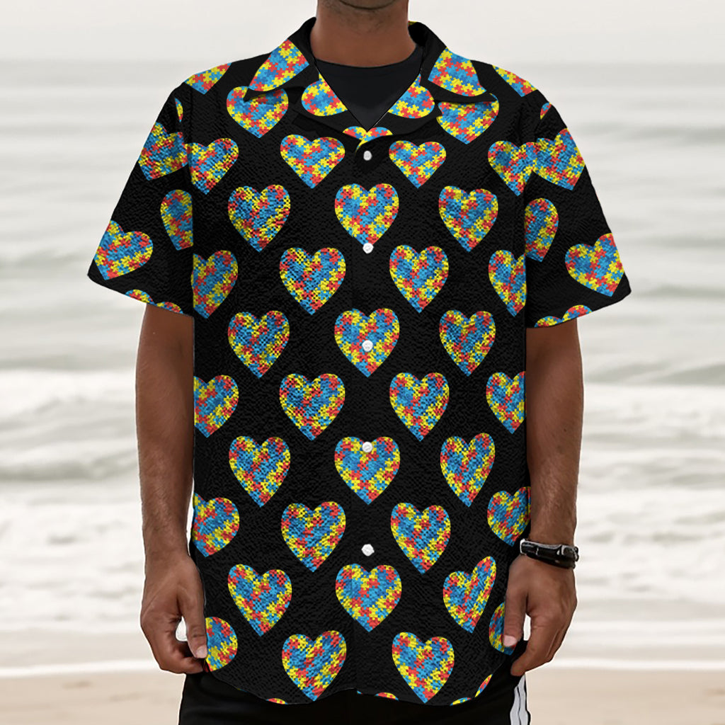 Autism Awareness Heart Pattern Print Textured Short Sleeve Shirt