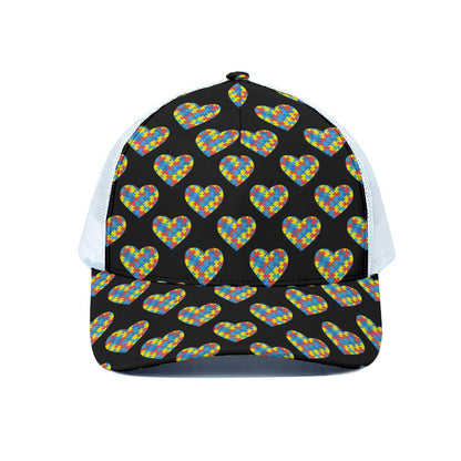 Autism Awareness Heart Pattern Print White Mesh Trucker Cap