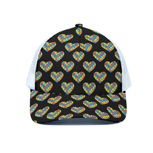 Autism Awareness Heart Pattern Print White Mesh Trucker Cap