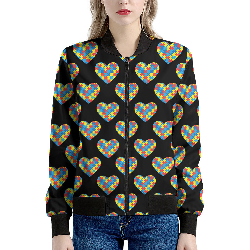 Autism Awareness Heart Pattern Print Women's Bomber Jacket