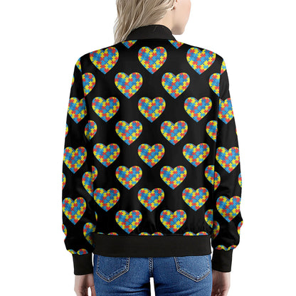 Autism Awareness Heart Pattern Print Women's Bomber Jacket