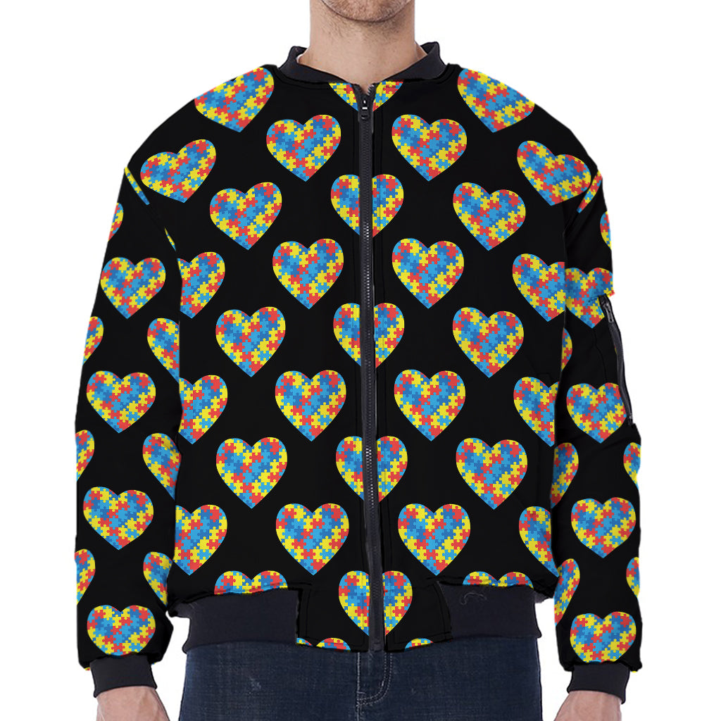 Autism Awareness Heart Pattern Print Zip Sleeve Bomber Jacket