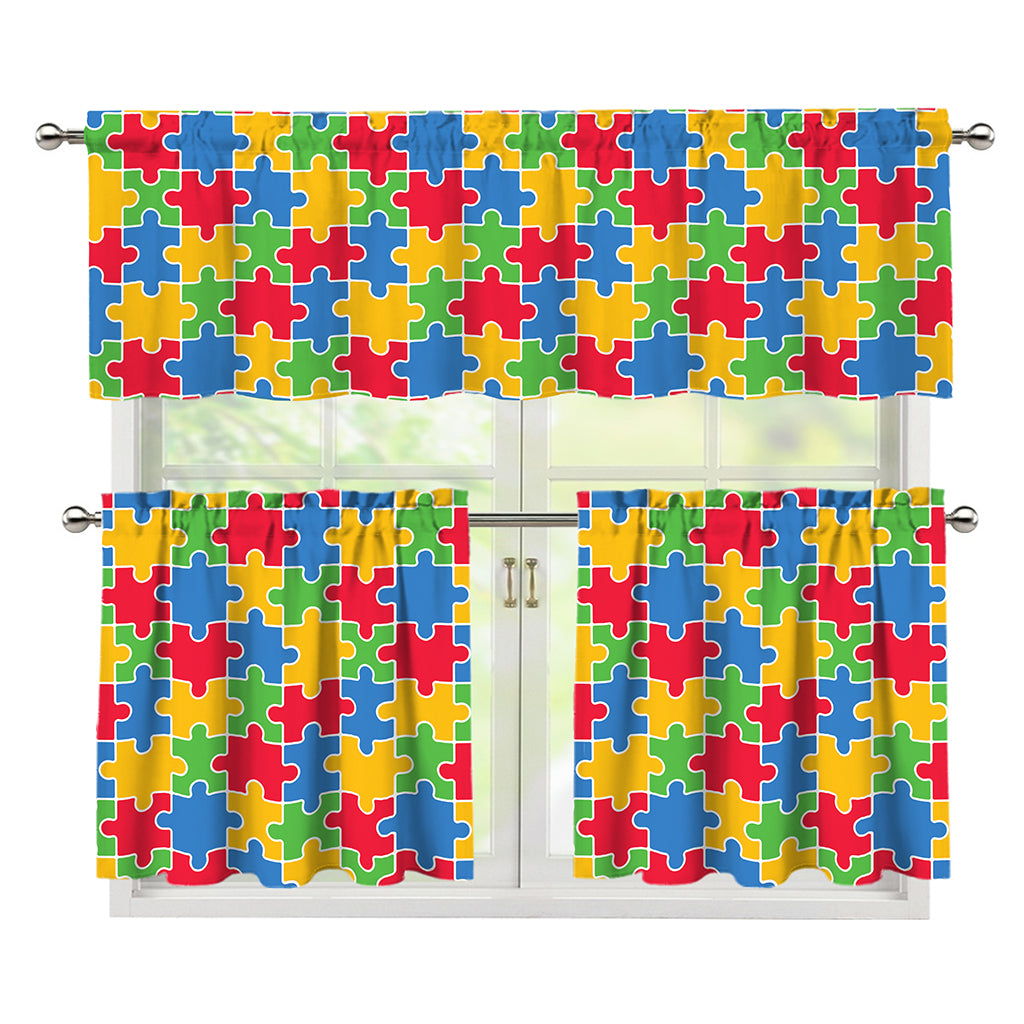 Autism Awareness Jigsaw Pattern Print 3 Piece Kitchen Curtains