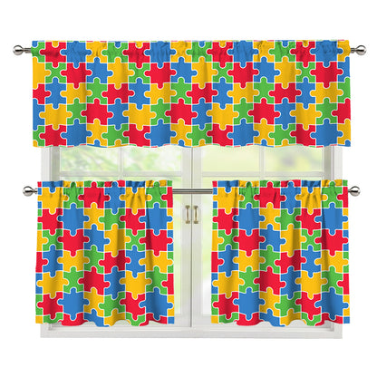 Autism Awareness Jigsaw Pattern Print 3 Piece Kitchen Curtains