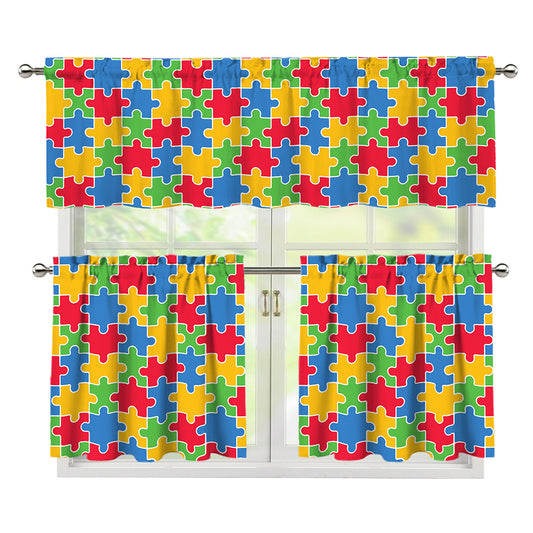 Autism Awareness Jigsaw Pattern Print 3 Piece Kitchen Curtains